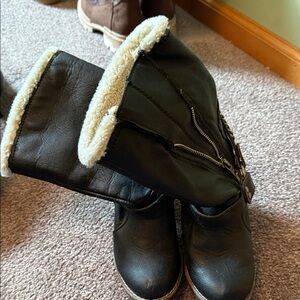 Black Faux Leather Boots with Cream Lining